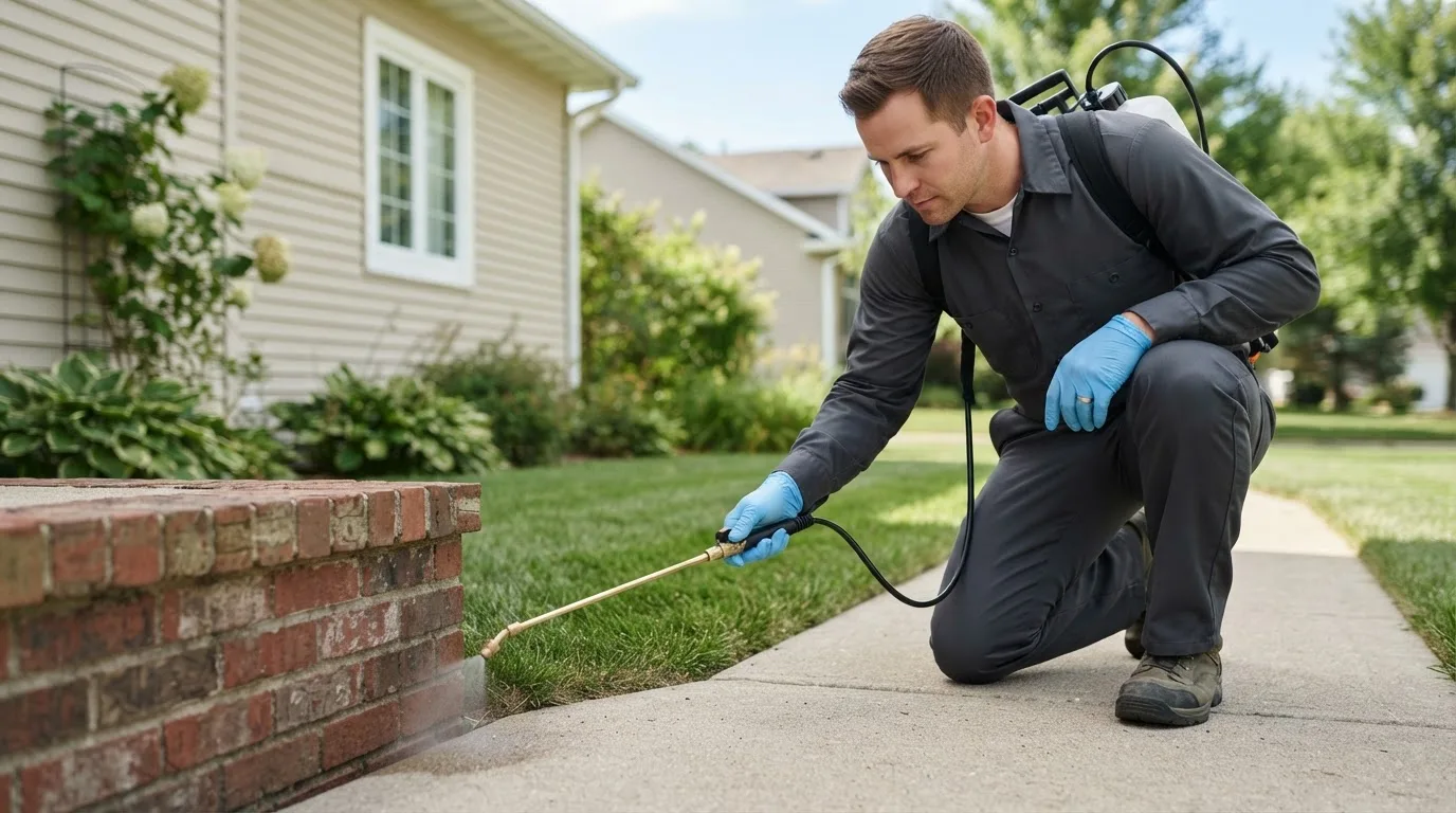 Pest control technician treating a home near La Valle, WI